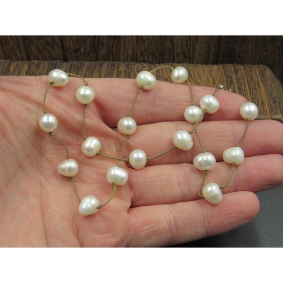 16" Sterling Silver & Cord Real White Pearls Necklace Vintage Minimalist - Picture 2 of 6